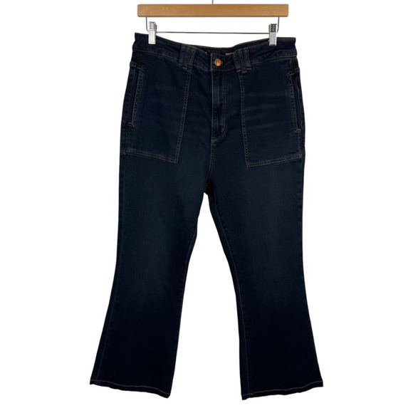 Pilcro Icon Flare Jeans Sz 32 High Rise Patch‎ Pockets Dark Wash Denim Retro - Picture 1 of 13